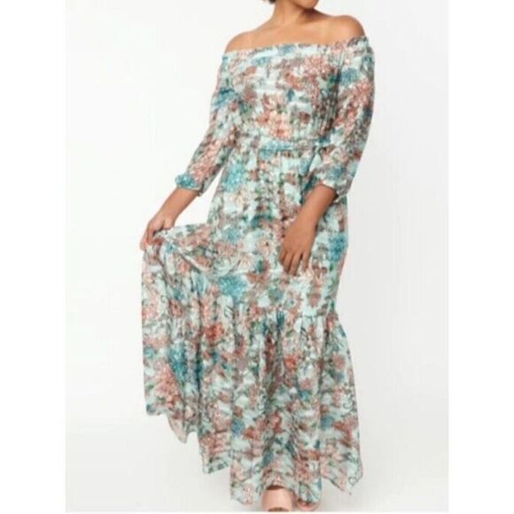 Unique Vintage Dresses & Skirts - Unique Vintage Sample Dress Plus Size 3XL Green Floral Off The Shoulder Maxi